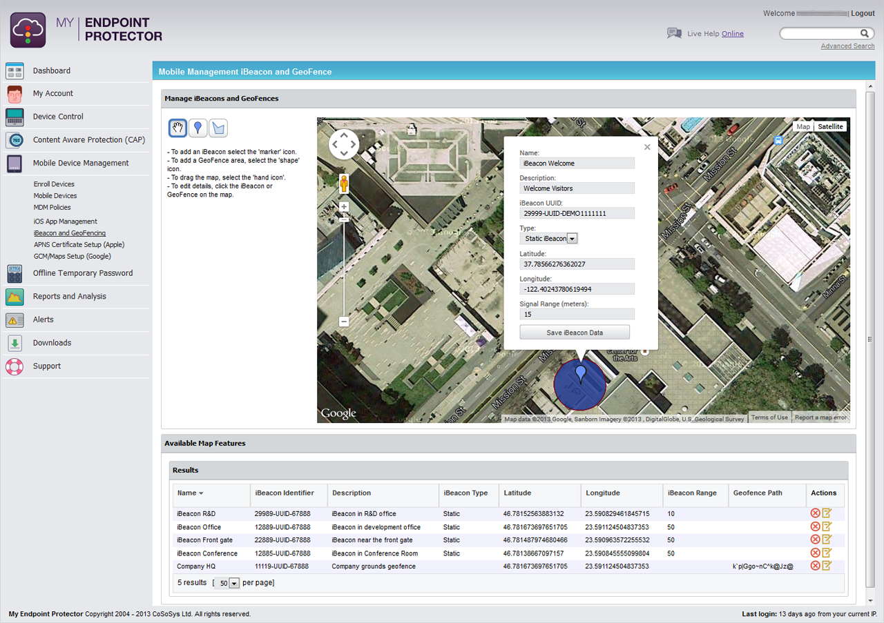 manage iBeacons™ and GeoFences